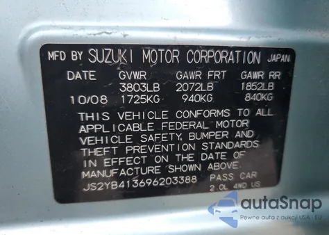 2009 Suzuki Sx4 Technology z USA, uszkodzony, nr VIN JS2YB413696203388